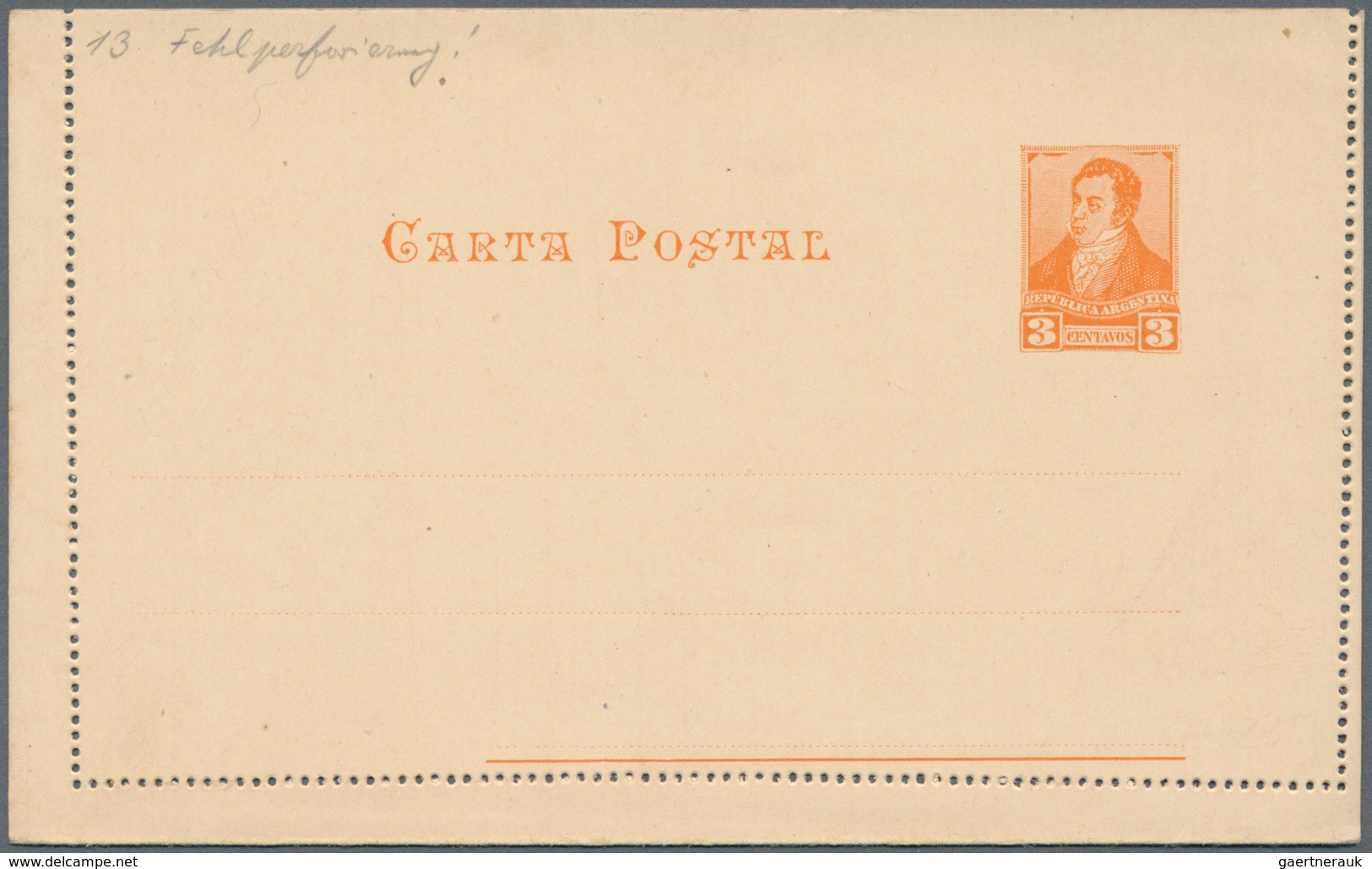 Argentinien - Ganzsachen: 1892, Stationery Letter Card Rivadavia 3 C Orange With Perforation Shifted - Postal Stationery