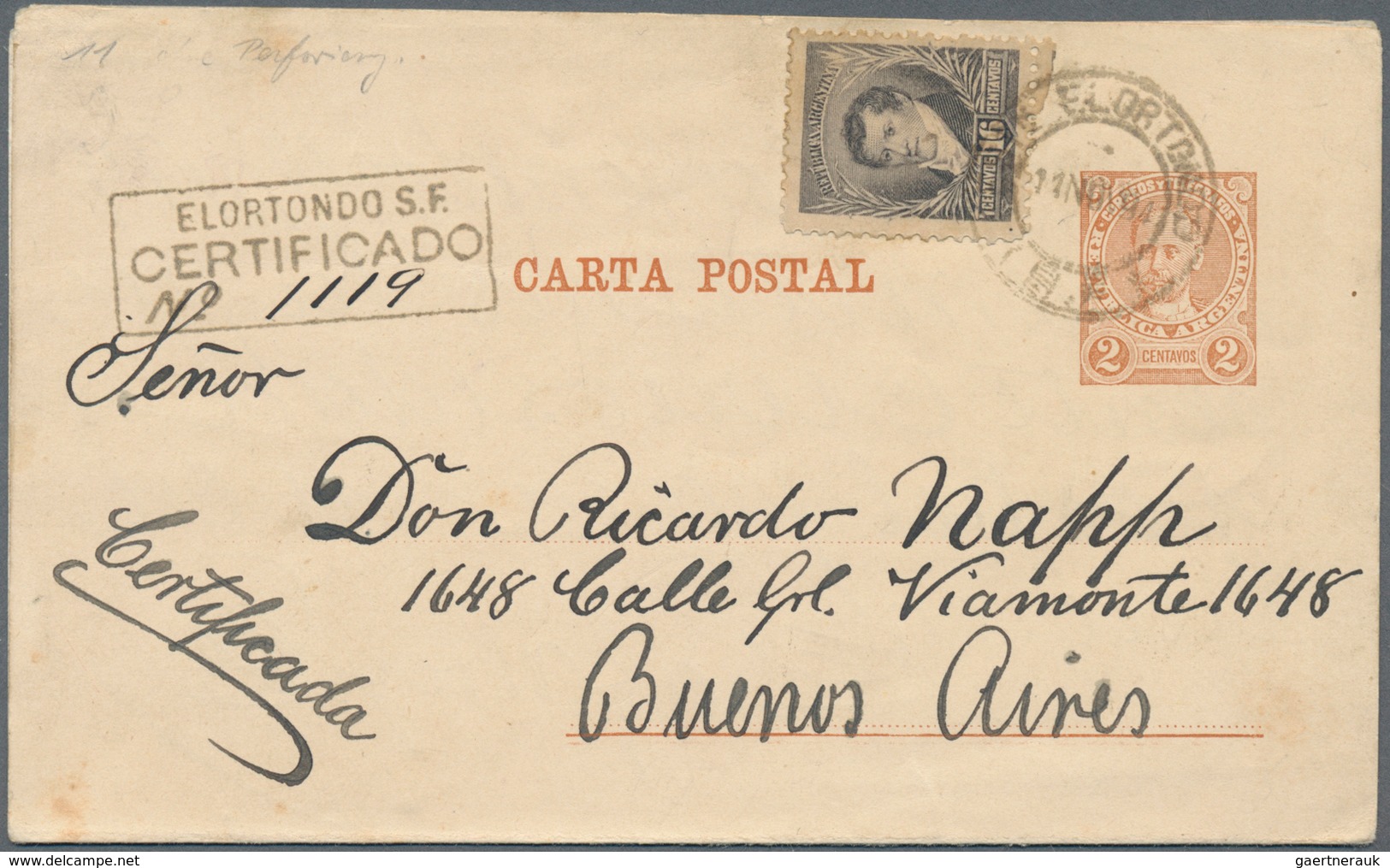 Argentinien - Ganzsachen: 1894, 2 Cent Impeforated Card Letter Uprated With 16 Cent. Belgrano Used R - Postwaardestukken