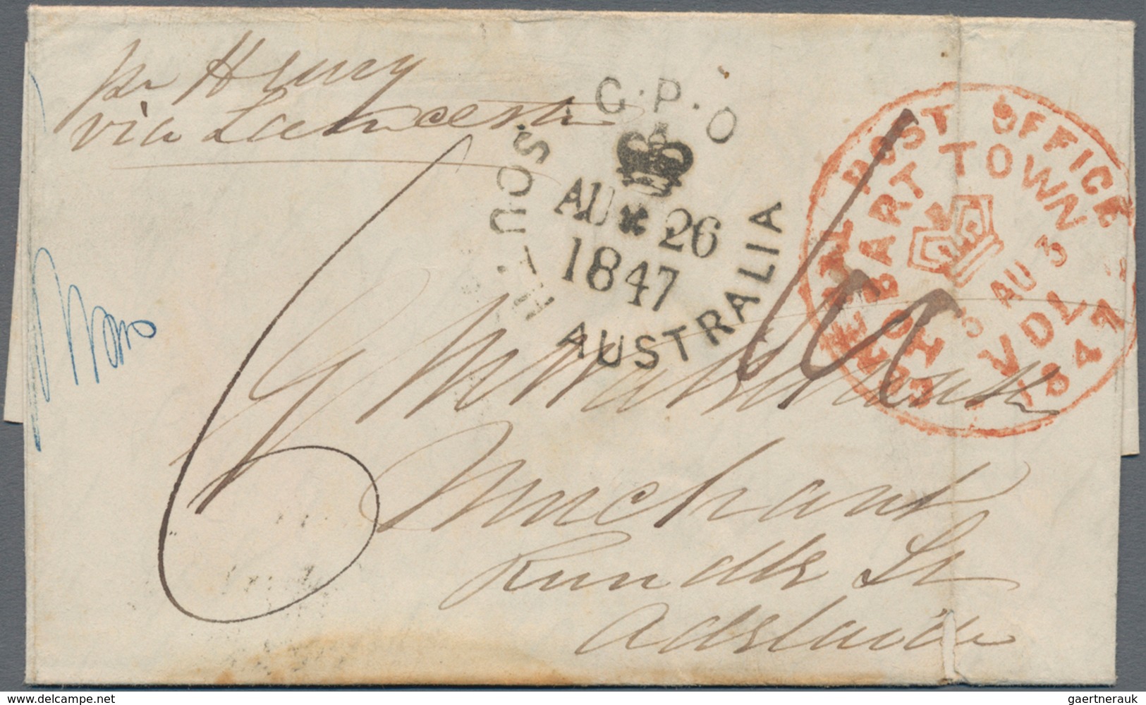 Australien - Vorphilatelie: 1847, "HOBART TOWN GENERAL POST OFFICE" Red Circle Postmark And Black Op - ...-1854 Voorfilatelie