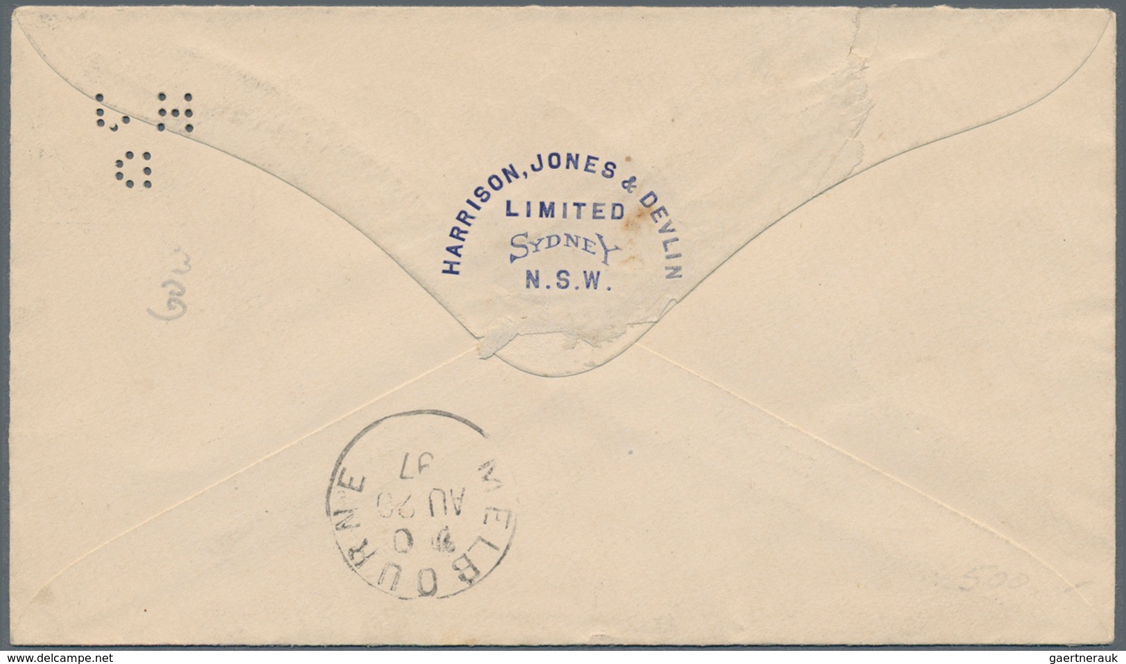 Neusüdwales: 1897, 2 C Blue Queen Victoria Postal Stationery Cover With PERFIN "H J D" From SYDNEY T - Brieven En Documenten