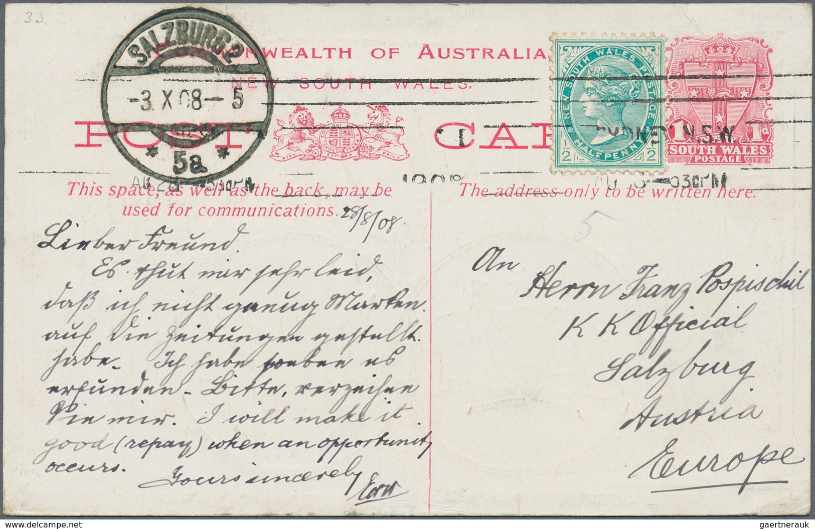 Neusüdwales: 1908 (28.8.), Stat. Postcard 1d. Red For The Visit Of The AMERICAN FLEET Uprated With ½ - Covers & Documents