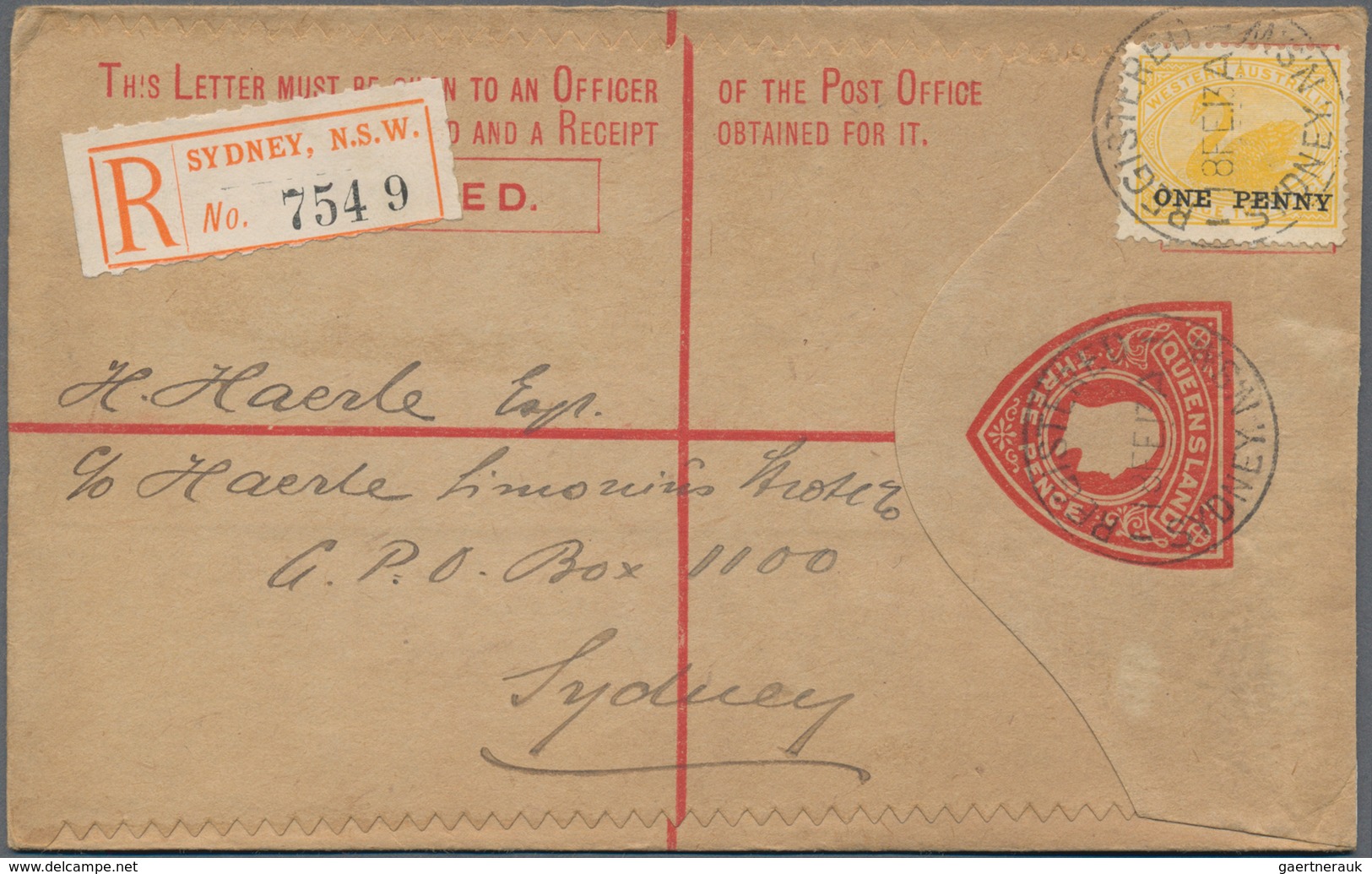 Queensland - Ganzsachen: 1913 (18.2.), Registered Letter KEVII 3d. Red With 'Thos. De La Rue' Imprin - Brieven En Documenten