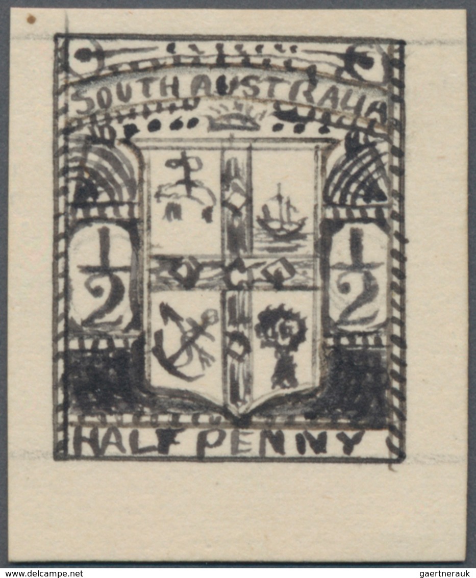 Südaustralien: 1890’s, Stamp Design Competition Handpainted ESSAY (18 X 23 Mm) In Black Ink On Paper - Cartas & Documentos