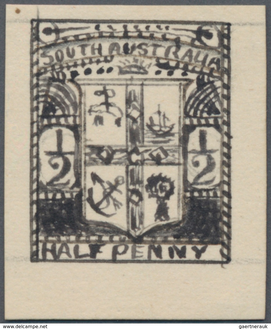 Südaustralien: 1890’s, Stamp Design Competition Handpainted ESSAY (18 X 23 Mm) In Black Ink On Paper - Brieven En Documenten