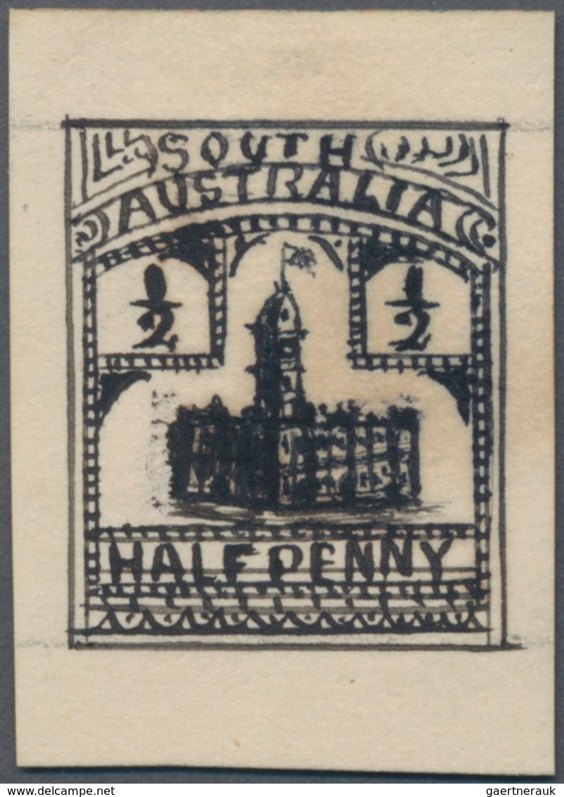 Südaustralien: 1890’s, Stamp Design Competition Handpainted ESSAY (18 X 23 Mm) In Black Ink On Card - Brieven En Documenten