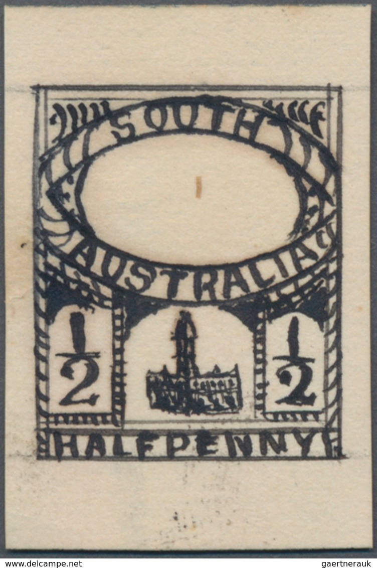 Südaustralien: 1890’s, Stamp Design Competition Handpainted ESSAY (18 X 23 Mm) In Black Ink On Card - Briefe U. Dokumente