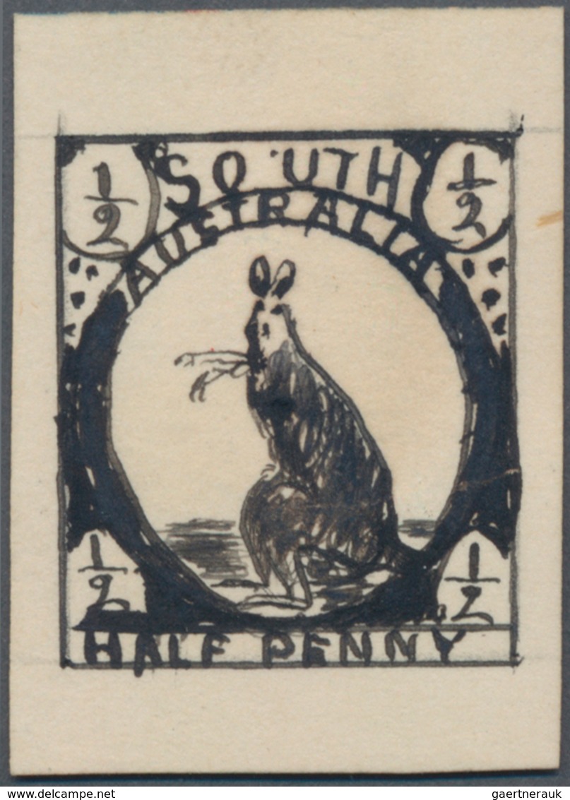 Südaustralien: 1890’s, Stamp Design Competition Handpainted ESSAY (18 X 23 Mm) In Black Ink On Paper - Brieven En Documenten