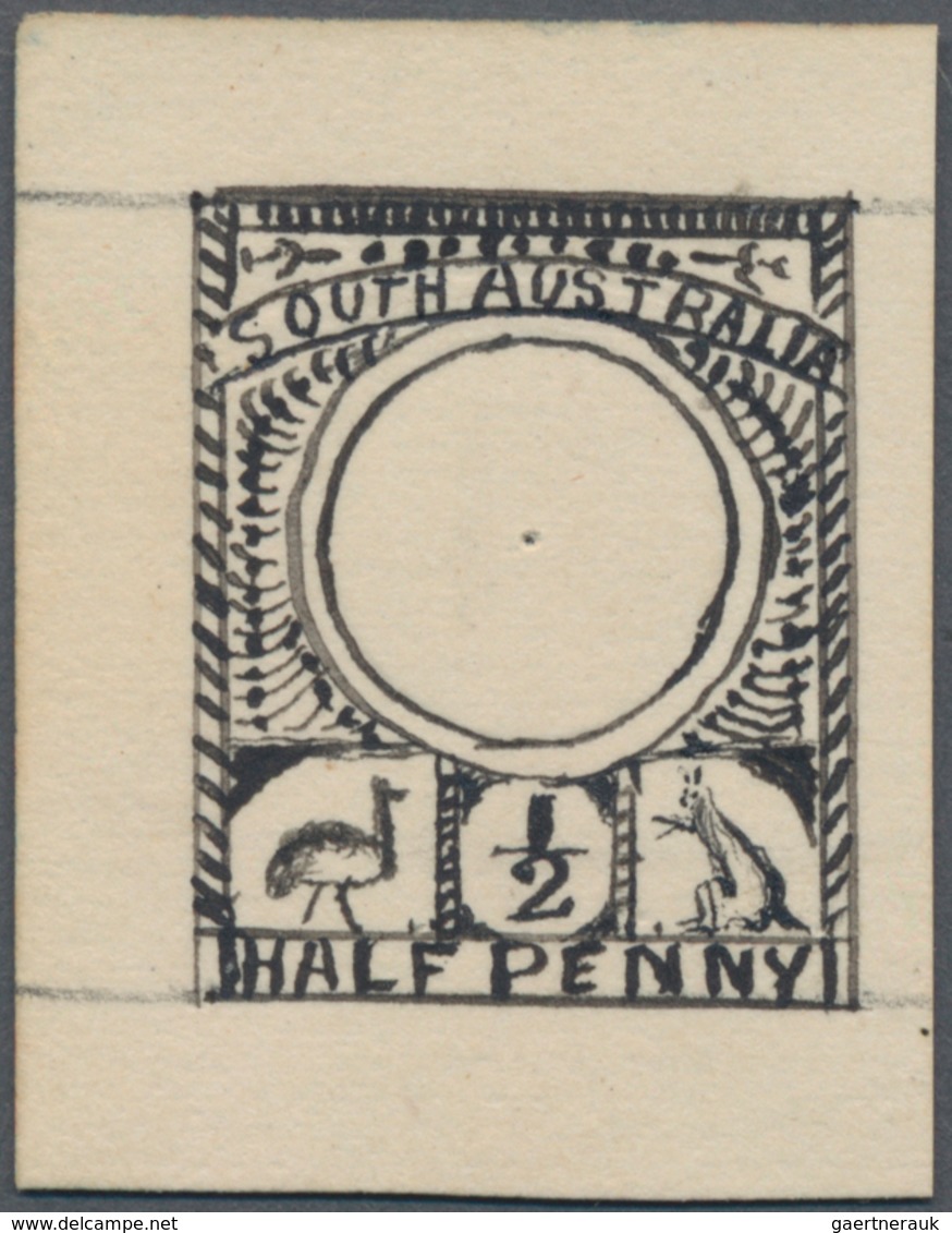 Südaustralien: 1890’s, Stamp Design Competition Handpainted ESSAY (18 X 23 Mm) In Black Ink On Paper - Briefe U. Dokumente