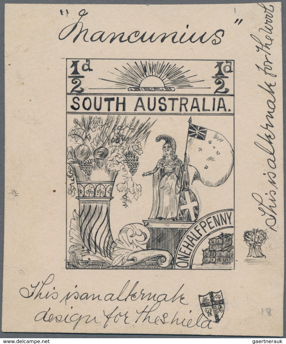 Südaustralien: 1890’s, Stamp Design Competition Handpainted ESSAY (38 X 48 Mm) In Black Ink On Thick - Brieven En Documenten