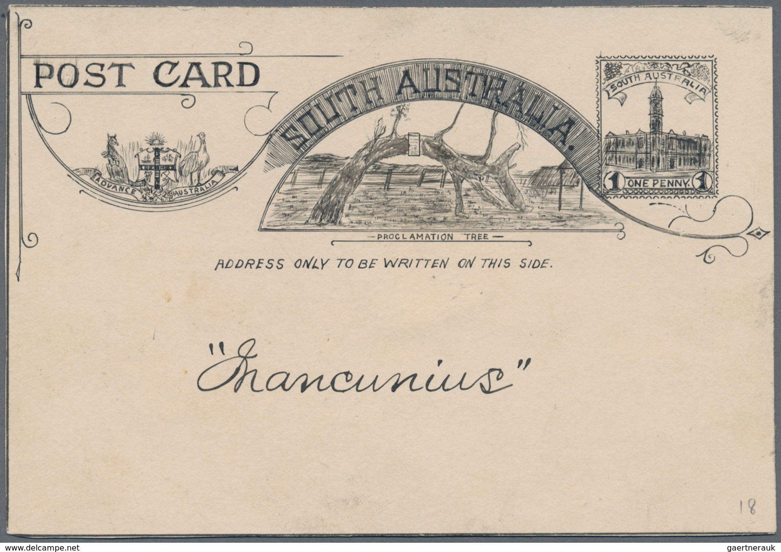 Südaustralien: 1890’s, Postcard Design Competition Postcard-size ESSAY ('Mancunius' No. 18) Hand-pai - Brieven En Documenten