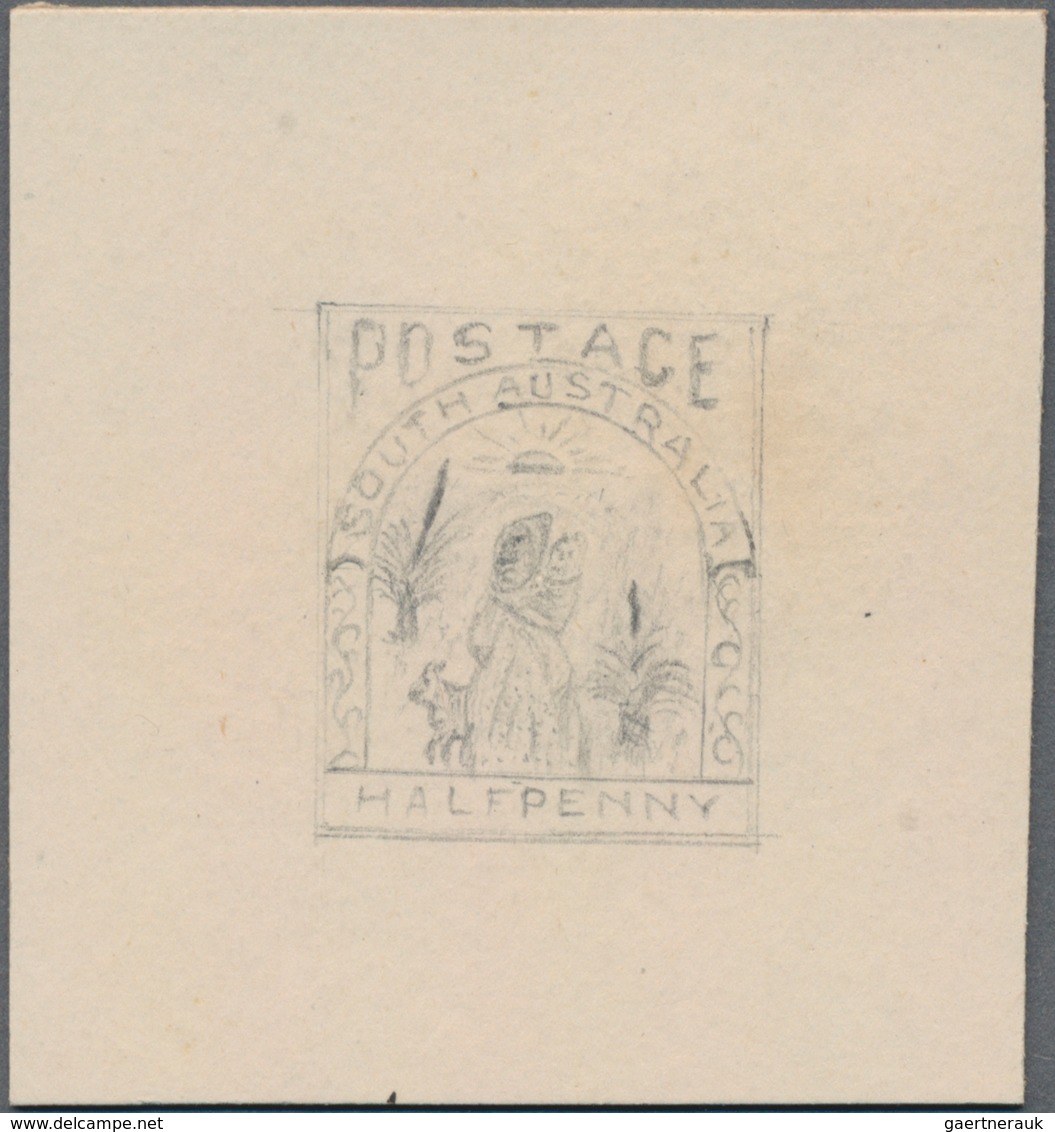 Südaustralien: 1890’s, Stamp Design Competition Handpainted ESSAY (19 X 23 Mm) In Pencil On Thick Ca - Brieven En Documenten