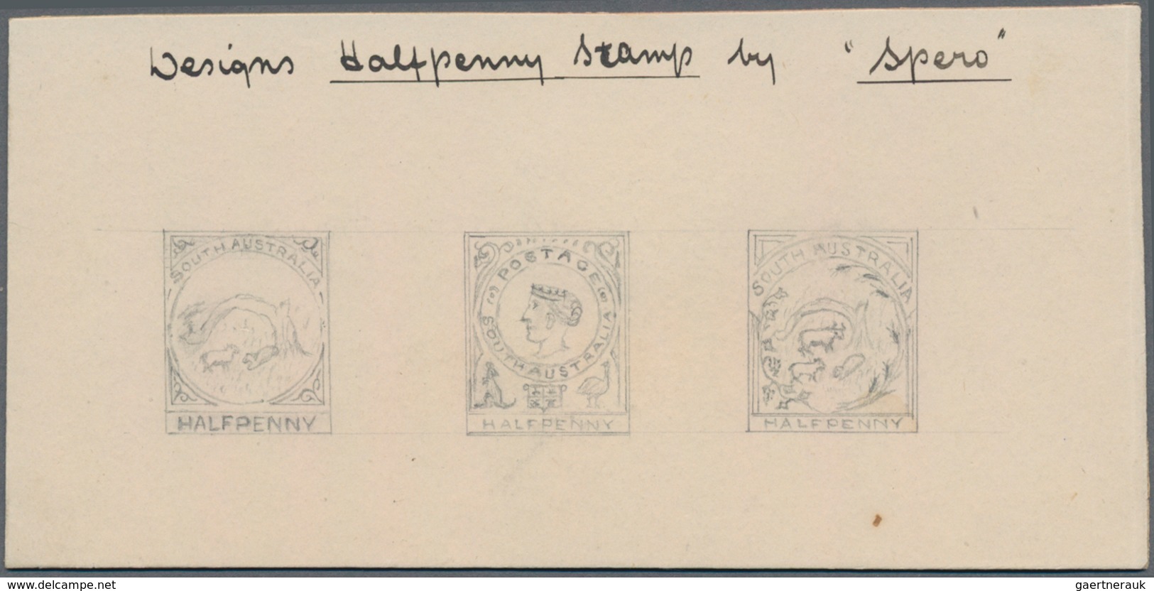 Südaustralien: 1890’s, Stamp Design Competition Three Handpainted ESSAYS (each 19 X 23 Mm) In Pencil - Brieven En Documenten