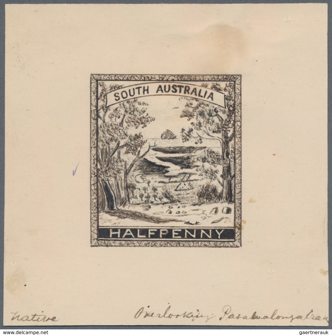 Südaustralien: 1890’s, Stamp Design Competition Handpainted ESSAY (40 X 46 Mm) In Sepia Ink On Thin - Brieven En Documenten