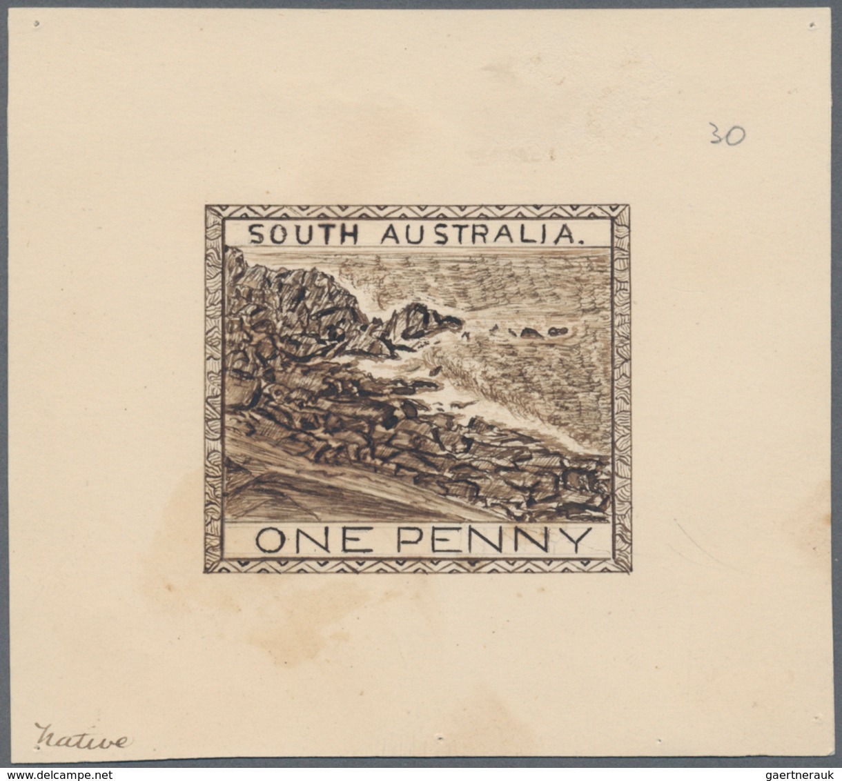 Südaustralien: 1890’s, Stamp Design Competition Handpainted ESSAY (46 X 40 Mm) In Sepia Ink On Thin - Briefe U. Dokumente