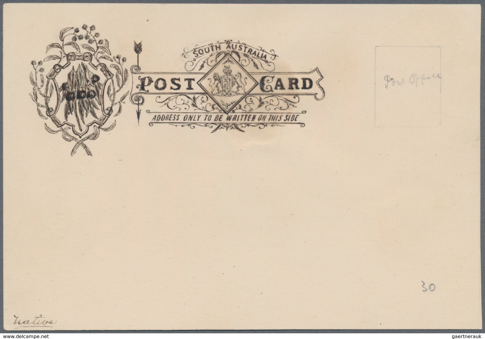 Südaustralien: 1890’s, Postcard Design Competition Postcard-size ESSAY ('Native' No. 30) Hand-painte - Briefe U. Dokumente