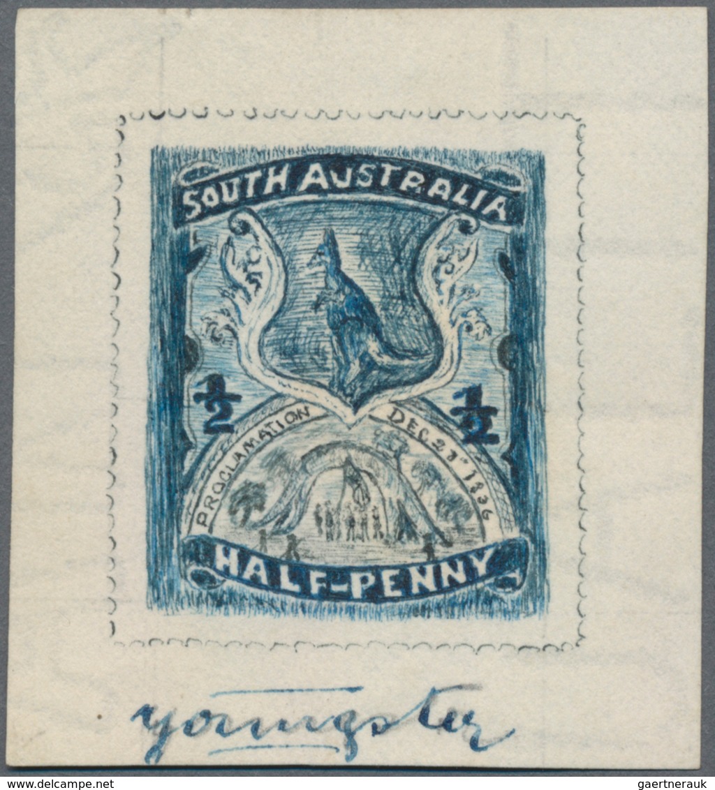 Südaustralien: 1890’s, Stamp Design Competition Handpainted ESSAY (28 X 32 Mm) In Blue Ink On Thick - Brieven En Documenten