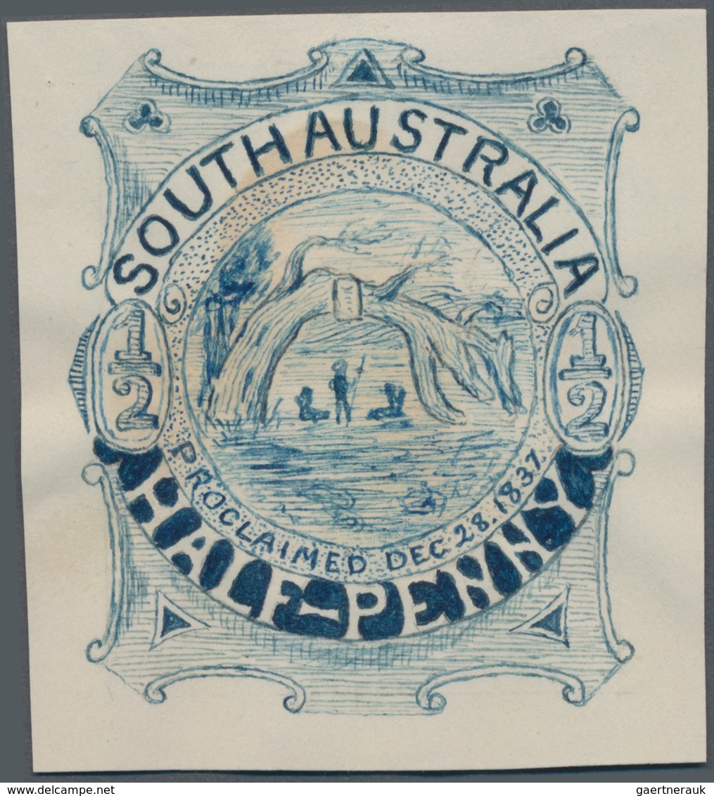 Südaustralien: 1890’s, Stamp Design Competition Handpainted ESSAY (42 X 49 Mm) In Blue Ink On Thick - Brieven En Documenten