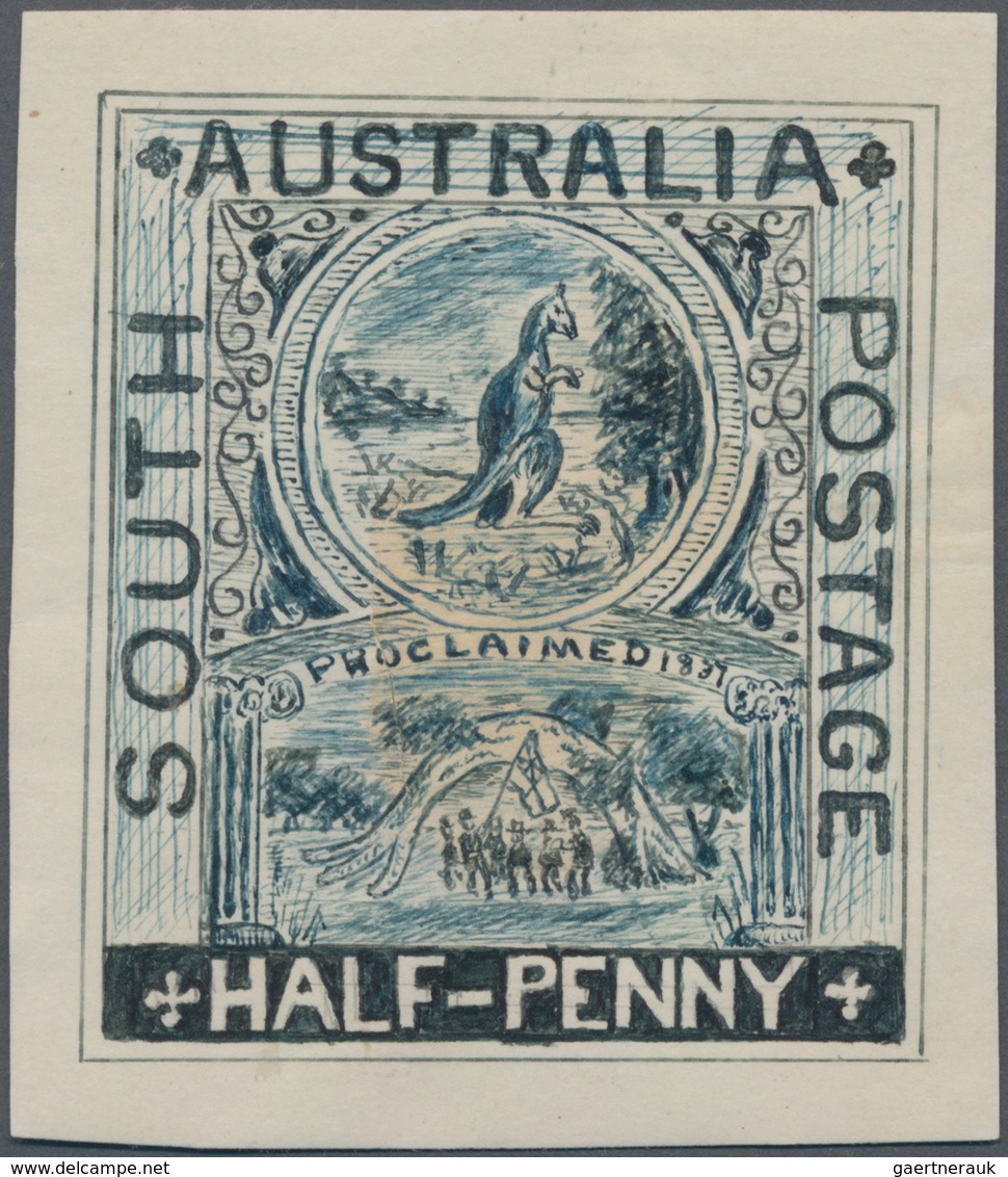 Südaustralien: 1890’s, Stamp Design Competition Handpainted ESSAY (42 X 49 Mm) In Blue Ink On Thin P - Briefe U. Dokumente