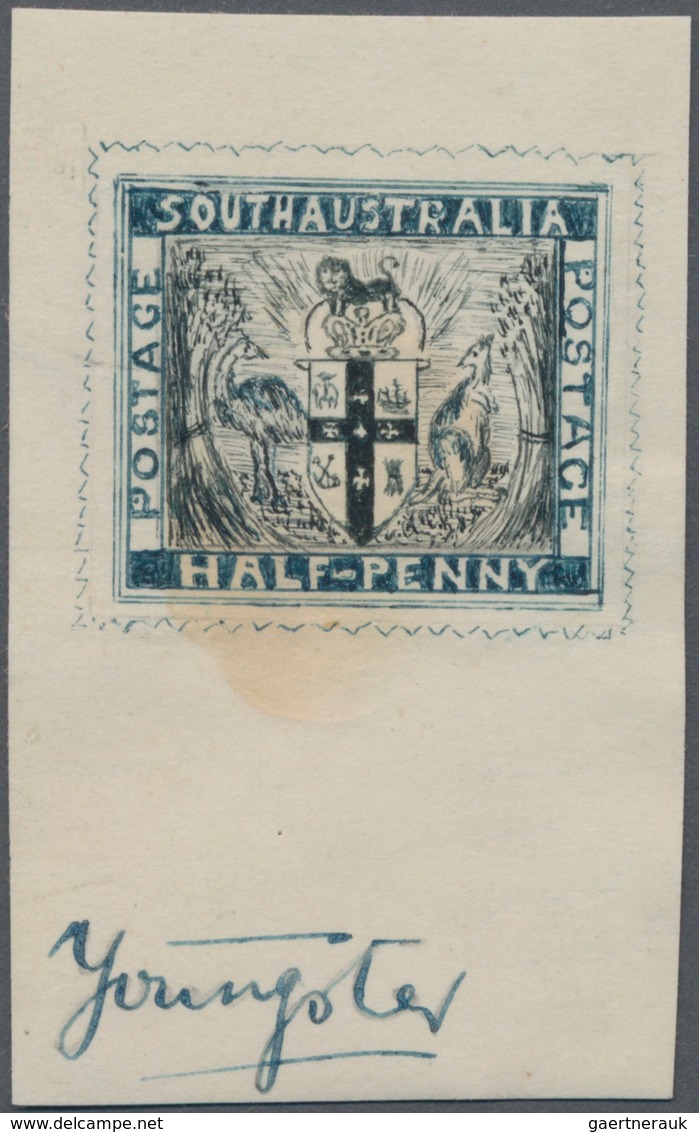 Südaustralien: 1890’s, Stamp Design Competition Handpainted ESSAY (28 X 25 Mm) In Blue Ink On Paper - Briefe U. Dokumente