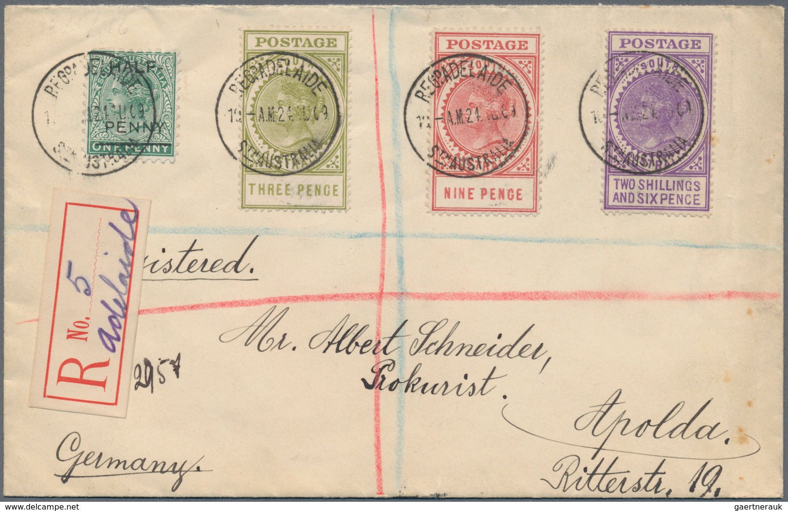 Südaustralien: 1909 (24.8.), Registered Cover Bearing 'Thick Postage Long Toms' 3d. Olive-green, 9d. - Briefe U. Dokumente