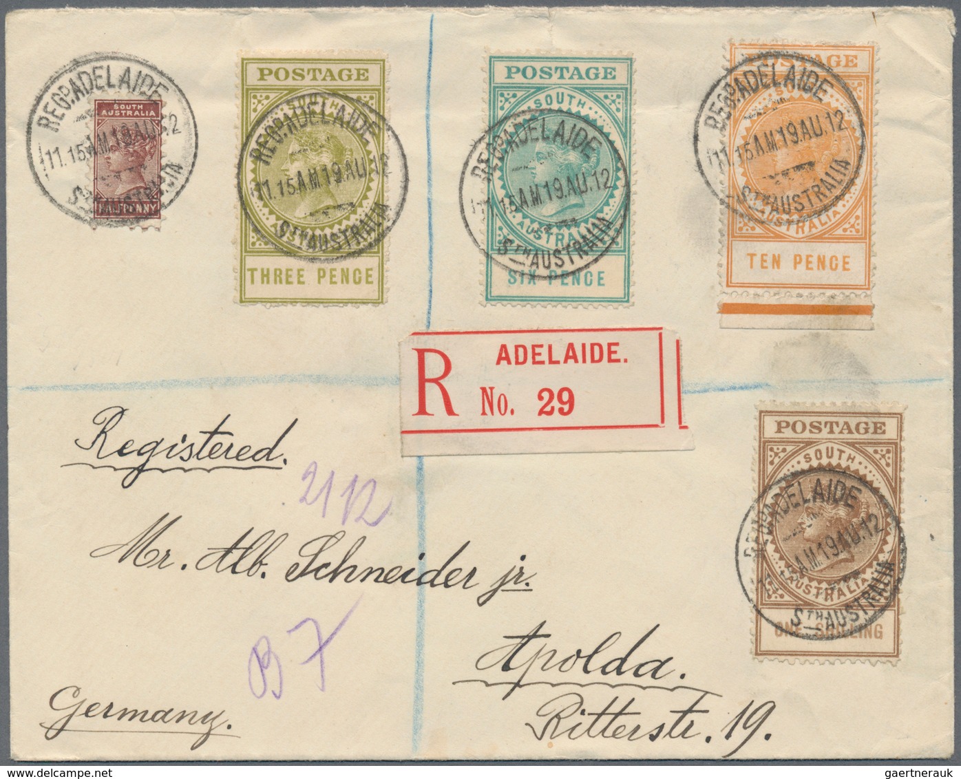 Südaustralien: 1912 (19.8.), Registered Cover Bearing 'Thick Postage Long Toms' 3d. Olive-green, 6d. - Briefe U. Dokumente
