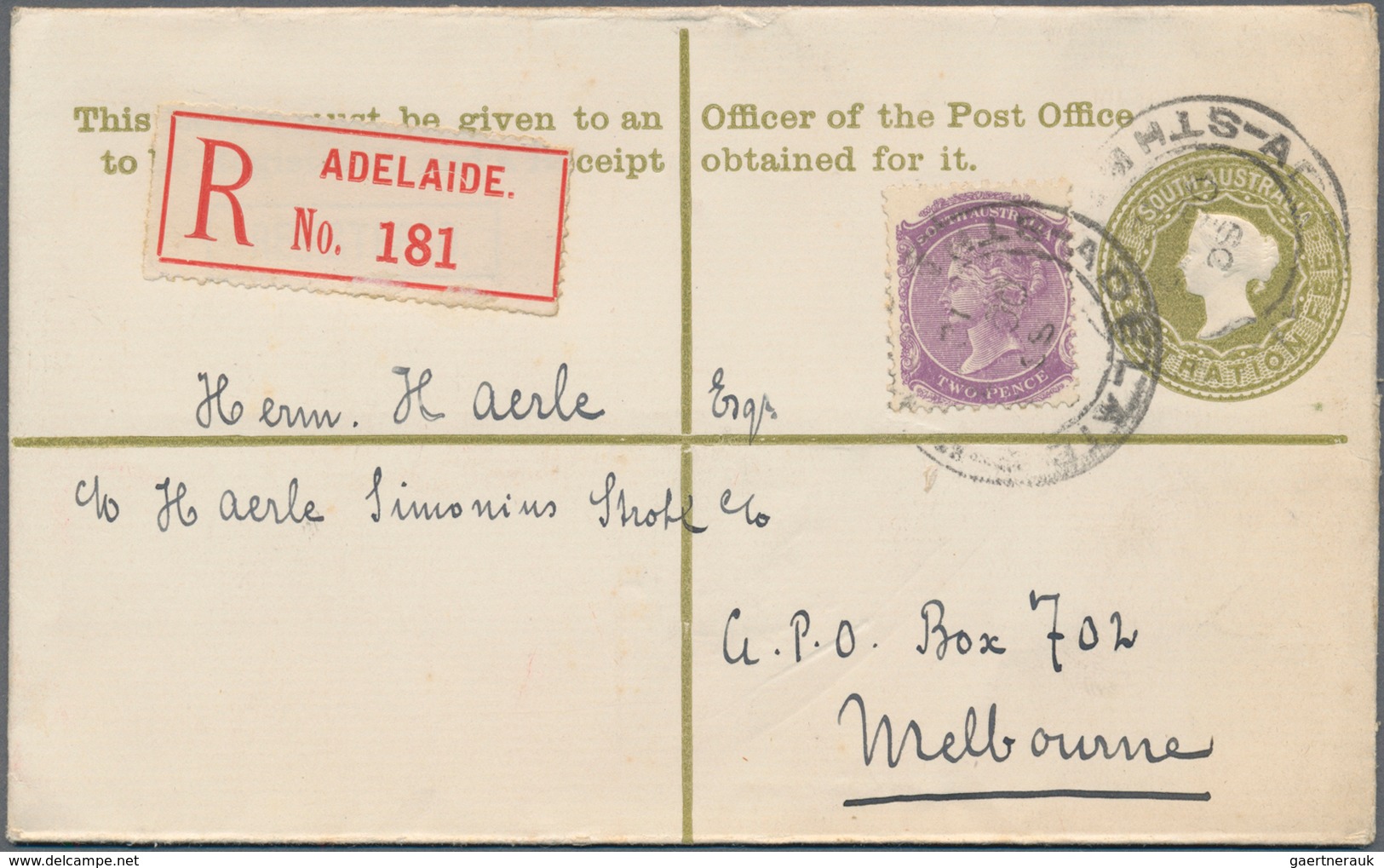 Südaustralien: 1912 (Oct.), Registered Letter QV (3d.) Olive Uprated With QV 2d. Violet Used From AD - Briefe U. Dokumente