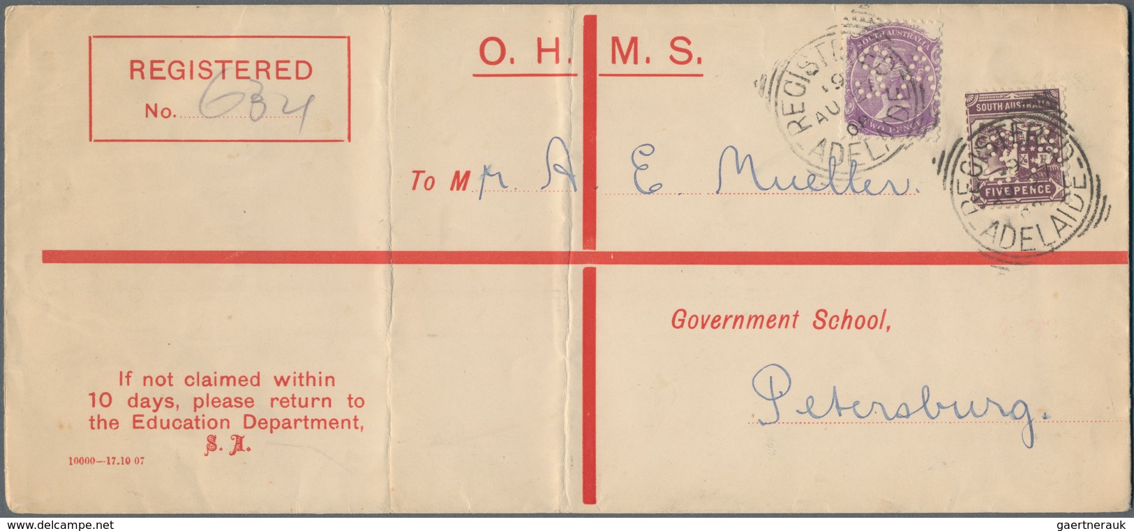 Südaustralien - Dienstmarken: 1908 (27.8.), Registered Long-size O.H.M.S. Cover Bearing QV 2½d. Viol - Lettres & Documents