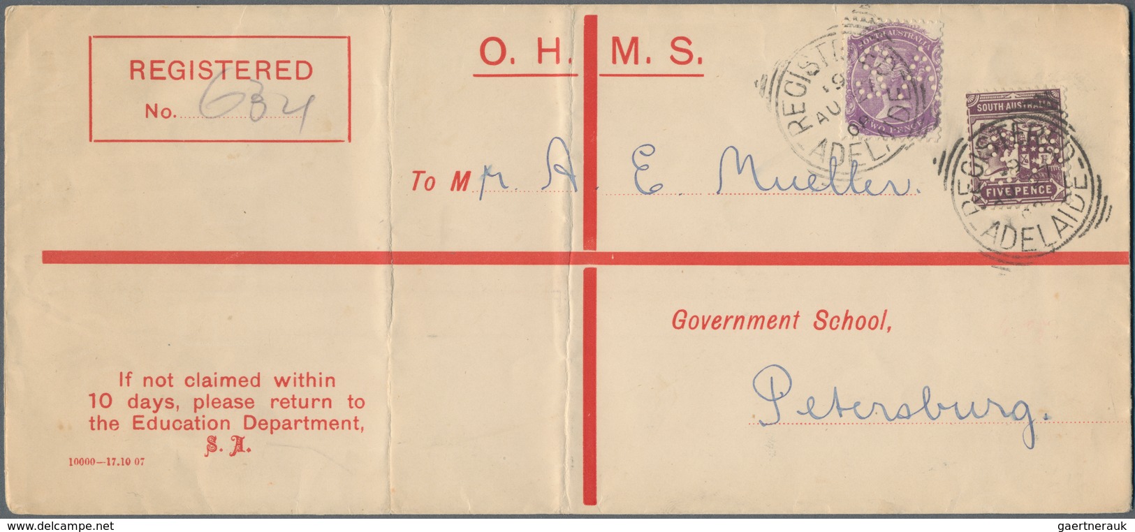 Südaustralien - Dienstmarken: 1908 (27.8.), Registered Long-size O.H.M.S. Cover Bearing QV 2½d. Viol - Covers & Documents