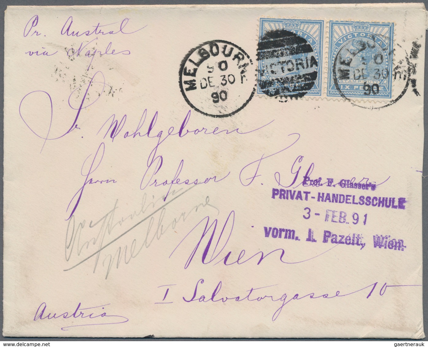 Victoria: 1890 (30.12.), QV 6d. Dull Blue Horizontal Pair Used On Cover From MELBOURNE Per 'Austral' - Briefe U. Dokumente