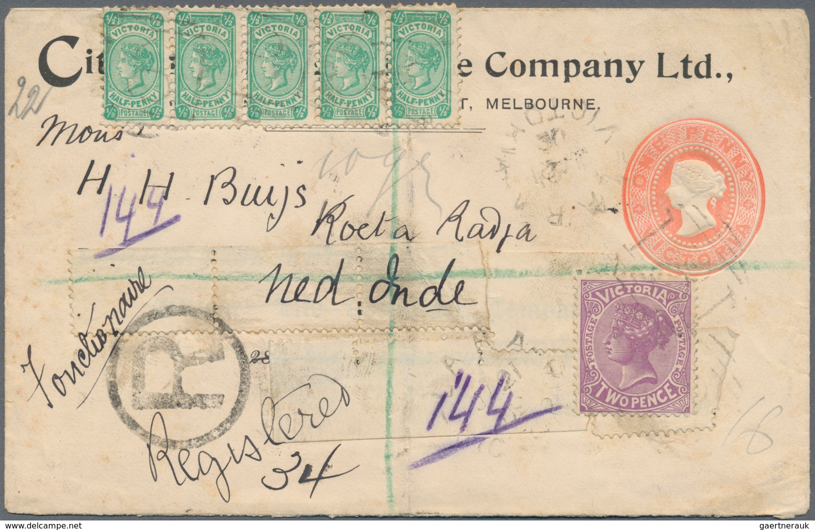 Victoria: 1903 (21.2.), QV 1d. Embossed Oval PTPO Stat. Envelope For 'Citizens Life Assurance Compan - Brieven En Documenten