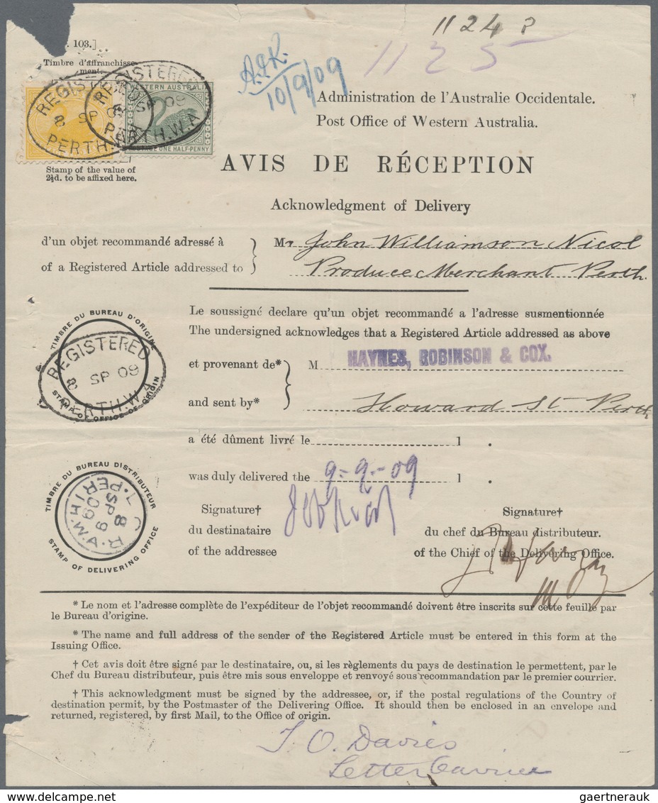 Westaustralien: 1909, Avis De Reception Form For A Local Registered Letter "PERTH 8 SP 09" Bearing ½ - Brieven En Documenten
