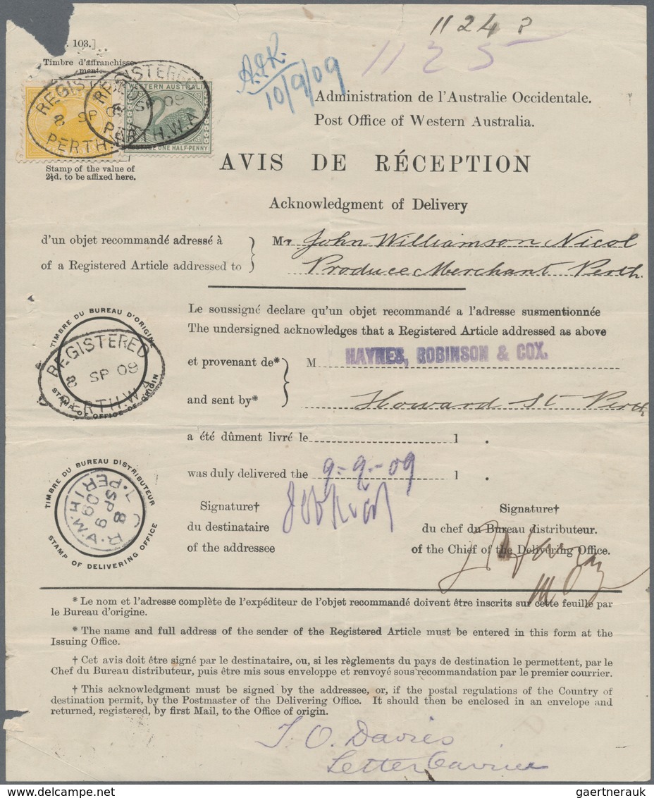 Westaustralien: 1909, Avis De Reception Form For A Local Registered Letter "PERTH 8 SP 09" Bearing ½ - Covers & Documents