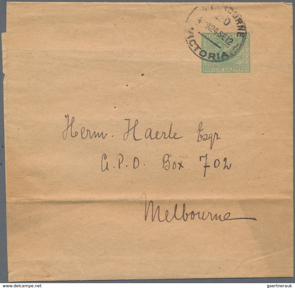 Westaustralien: 1912 (24.9.), Wrapper 'Swan' ½d. Green Without Borders Used Within MELBOURNE/Vic., W - Brieven En Documenten