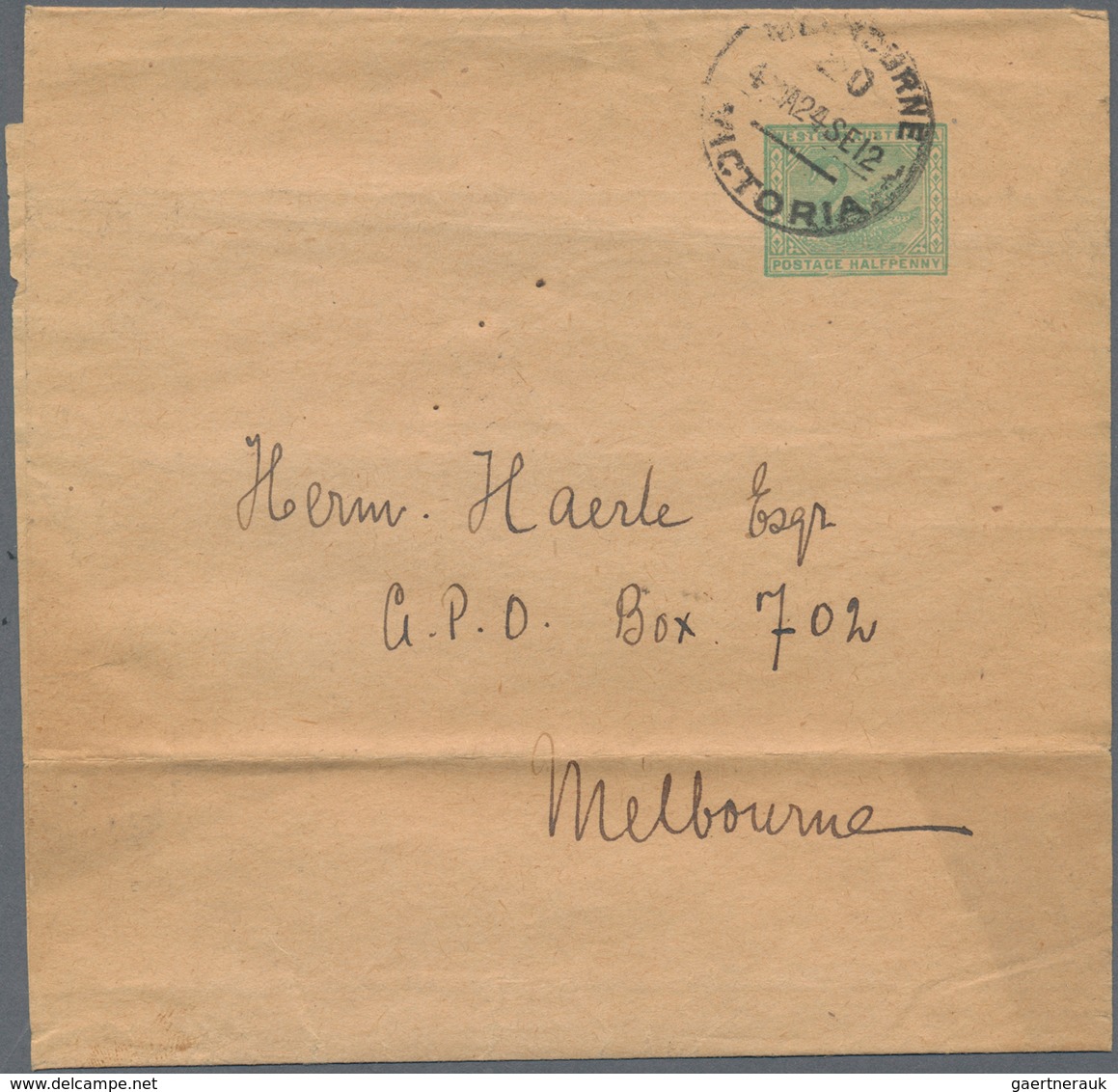 Westaustralien: 1912 (24.9.), Wrapper 'Swan' ½d. Green Without Borders Used Within MELBOURNE/Vic., W - Covers & Documents