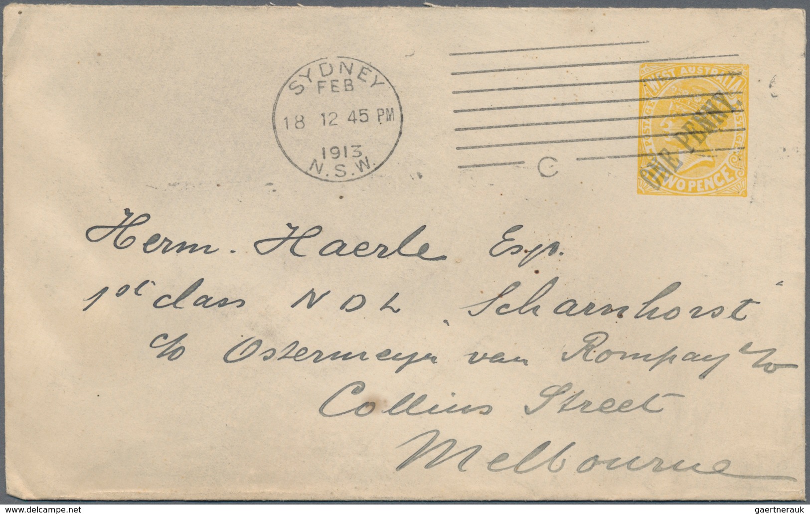 Westaustralien: 1913 (18.12.), Stat. Envelope QV 2d. Yellow Surcharged In Blue 'ONE PENNY' Commercia - Covers & Documents