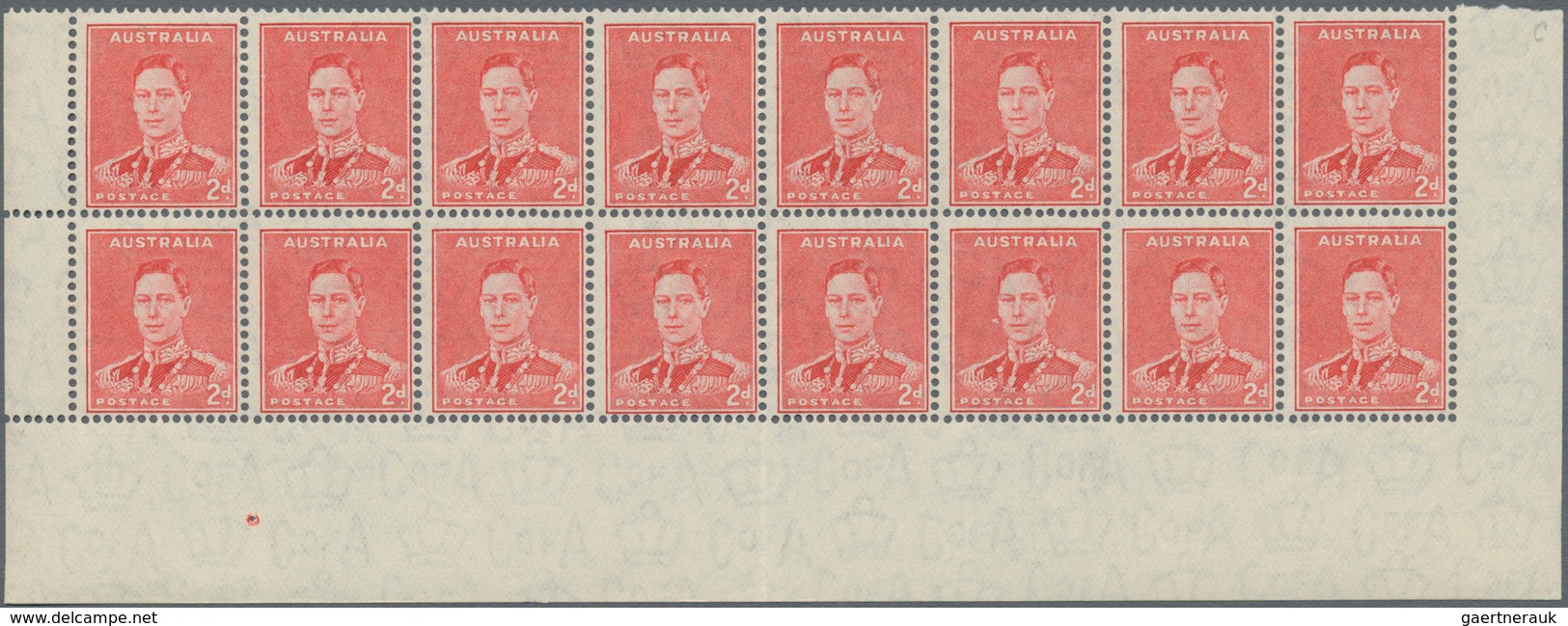 Australien: 1938, KGVI Definitive 2d. Scarlet Perf. 15x14 Block Of 16 From Lower Margin WITHOUT IMPR - Ongebruikt