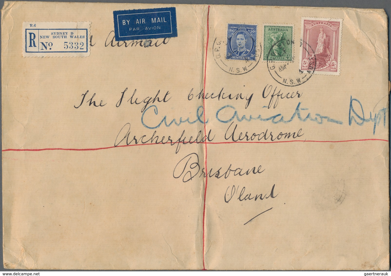 Australien: 1941 (2.6.), Large-size Registered Airmail Cover Bearing Robes 5s., Koala 4d. And KGVI 3 - Ongebruikt