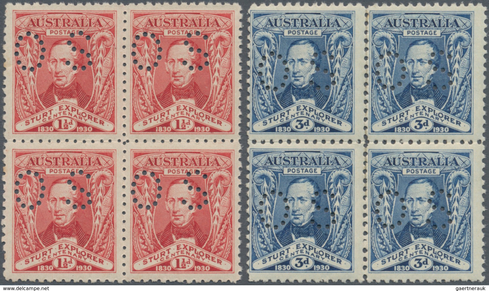 Australien - Dienstmarken Mit OS-Lochung: 1930, Captain Sturt Set Of Two With OS Perfin In Blocks Of - Dienstmarken