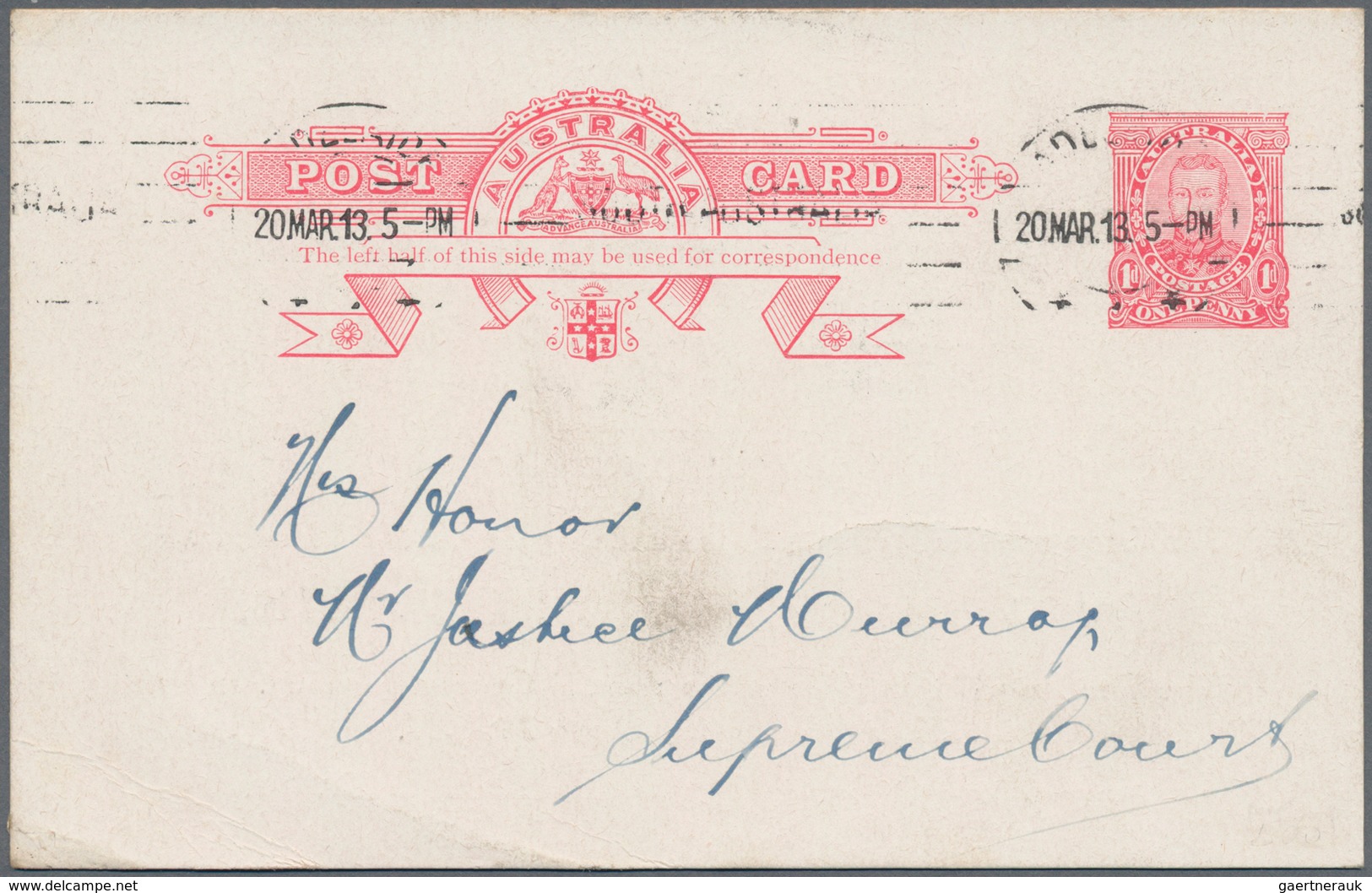 Australien - Ganzsachen: 1913 (20.3.), KGV Fullface Stat. Postcard 1d. Red (The Left Half......) Use - Postal Stationery