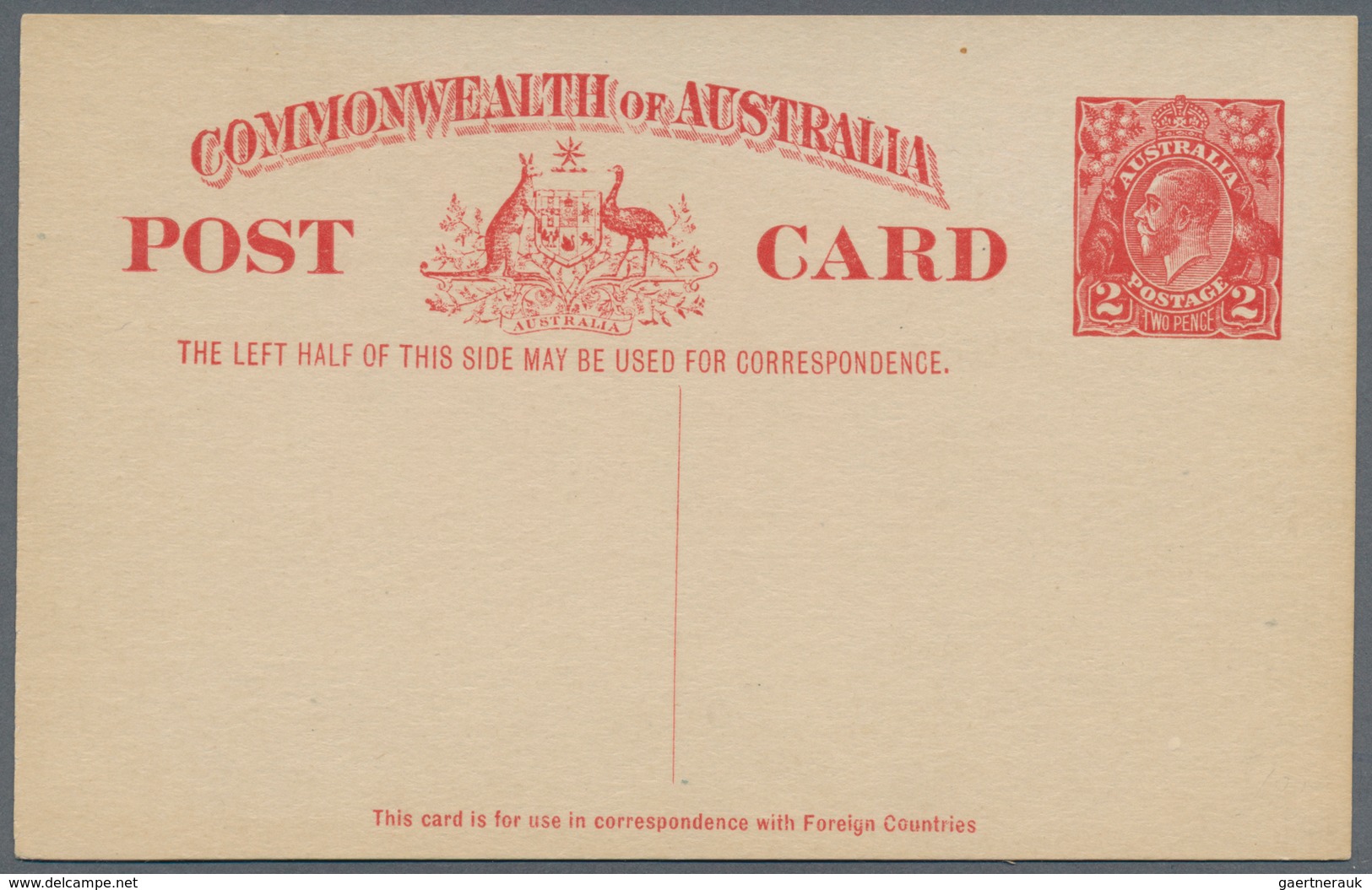 Australien - Ganzsachen: 1923, Postcard KGV 2d. Red For Use To Foreign Countries, Unused And Scarce, - Postwaardestukken