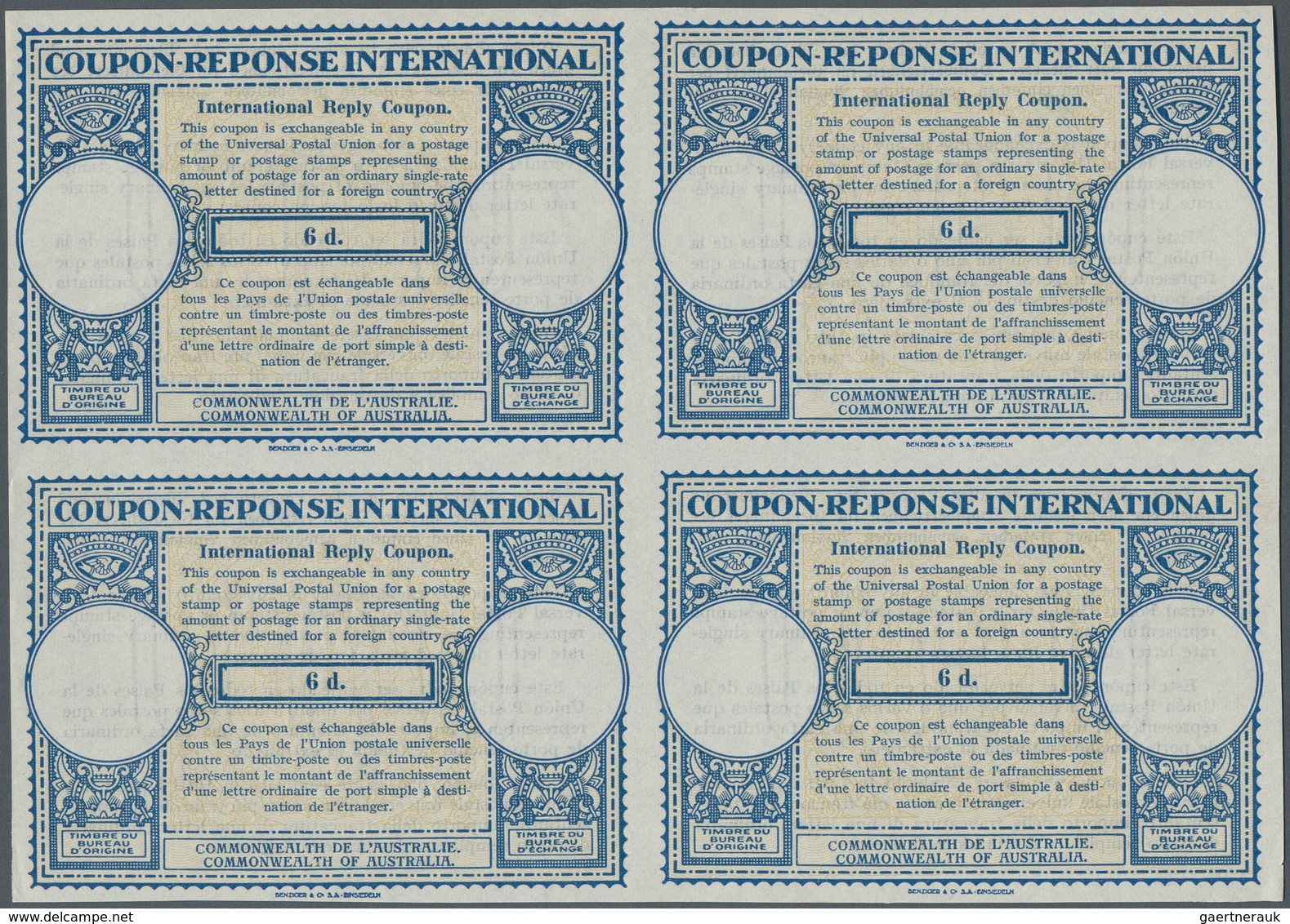 Australien - Ganzsachen: 1941. International Reply Coupon 6d (London Type) In An Unused Block Of 4. - Postwaardestukken