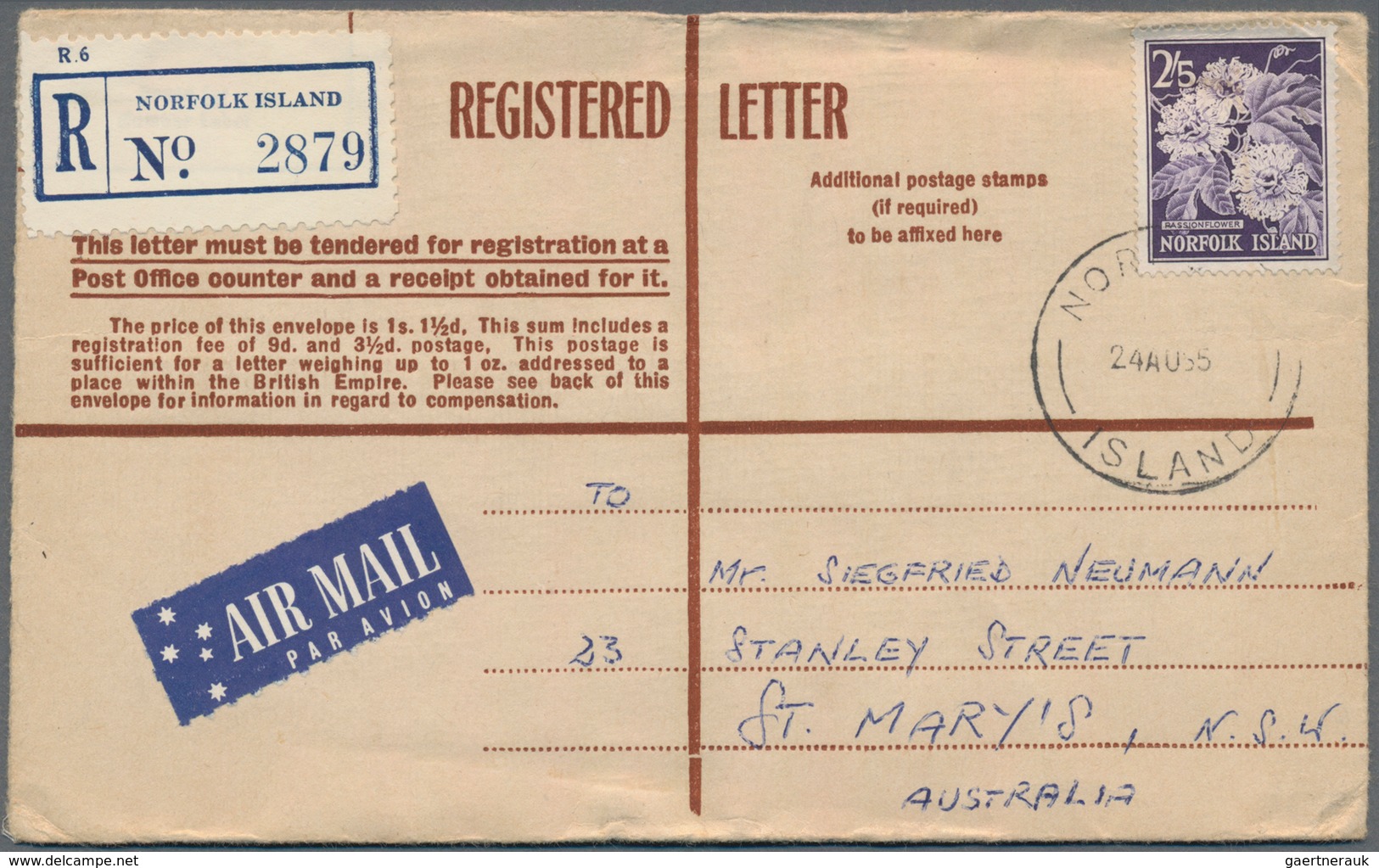 Australien - Ganzsachen: 1965 (24.8.), Australia Formular Registered Letter Bearing Norfolk Island 2 - Postwaardestukken