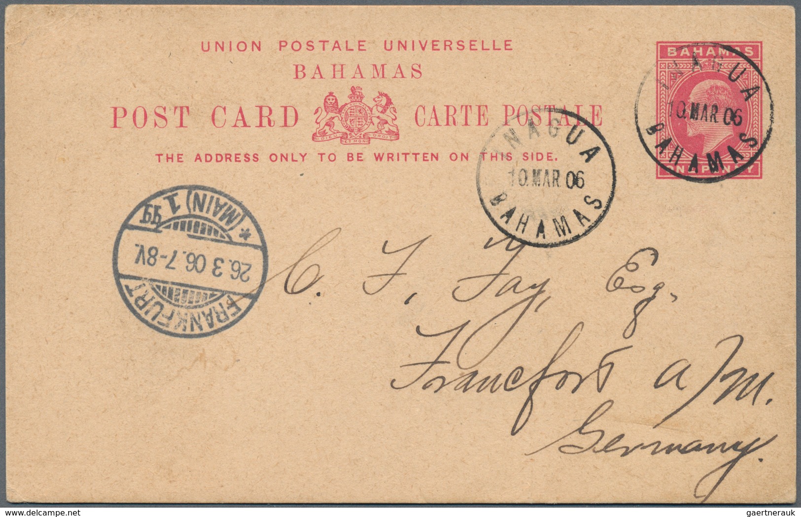 Bahamas: 1906 (10.3.), Stat. Postcard KEVII 1d. Carmine Commercially Used From INAGUA To Frankfurt/G - Bahama's (1973-...)