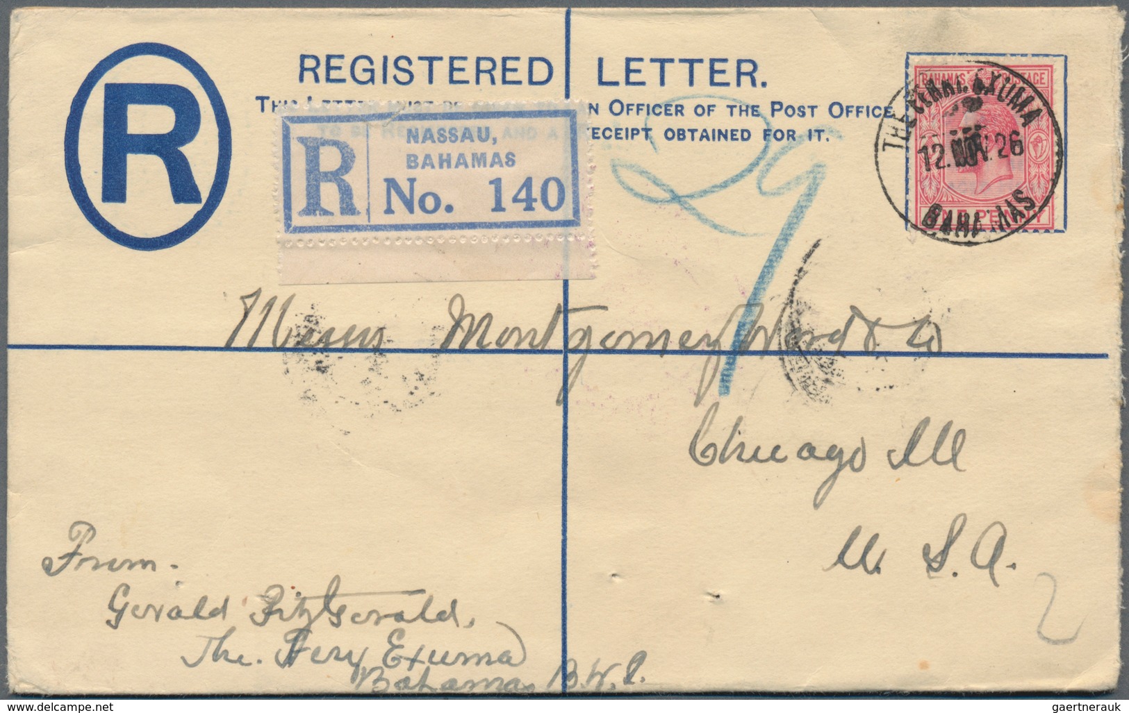 Bahamas: 1926 (12.11.), Registered Letter KGV 2d. Red (flap On Reverse) Uprated With KGV 1d. Carmine - Bahama's (1973-...)