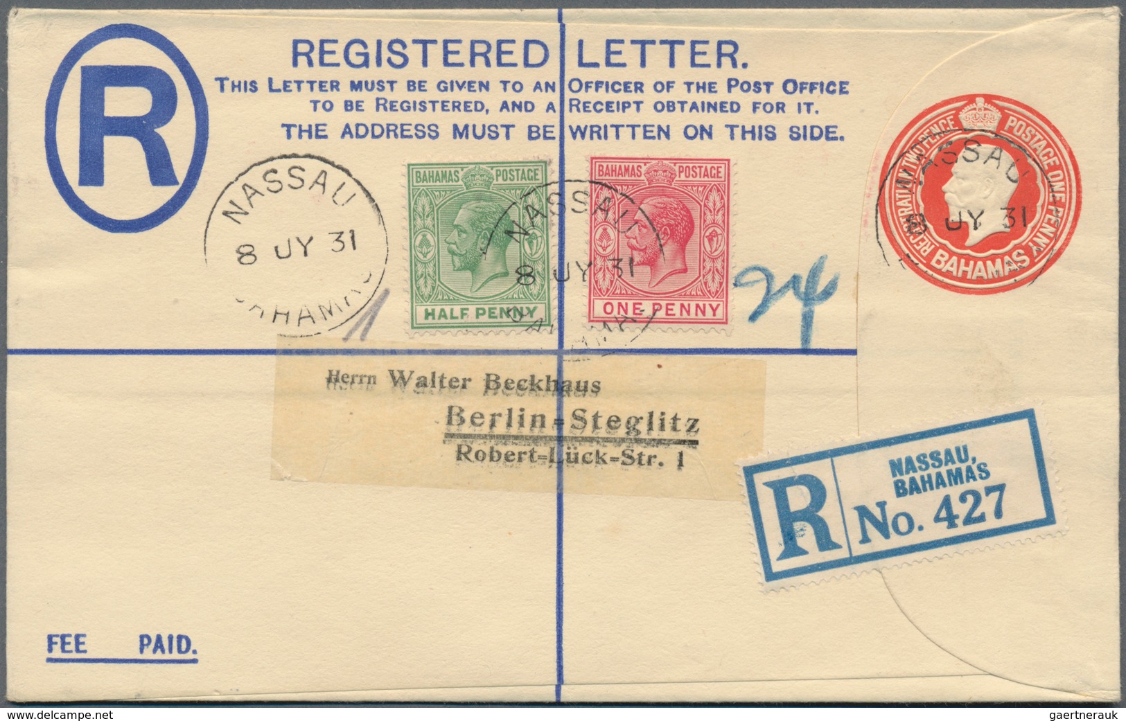 Bahamas: 1931 (8.7.), Registered Letter KGV 2d. Red (flap On Front) Uprated With KGV ½d. Green And 1 - Bahamas (1973-...)