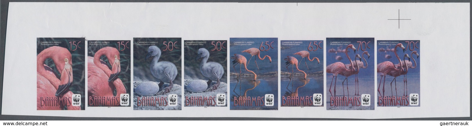 Bahamas: 2012, Flamingos, IMPERFORATE Proof Se-tenant Strip Of Eight, Mint Never Hinged. - Bahama's (1973-...)