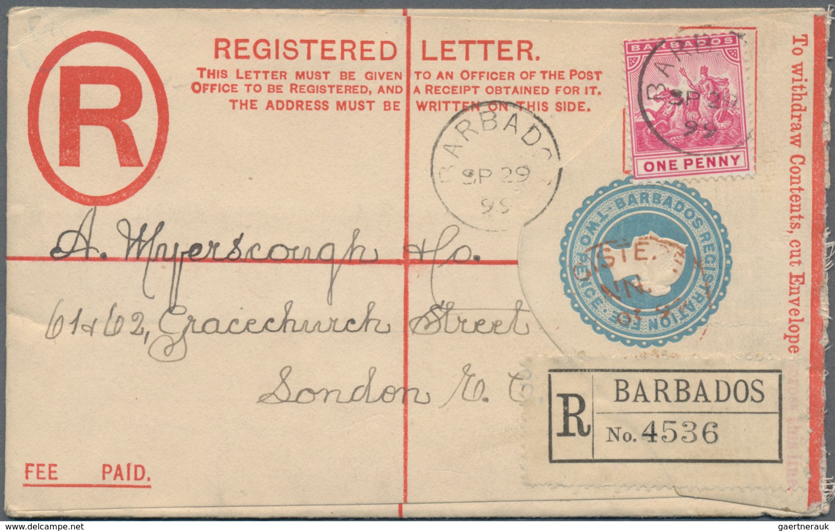 Barbados: 1899/1904, Two Registered Letters QV 2d. Blue In Different Sizes With Imprint 'Thos. De La - Barbados (1966-...)