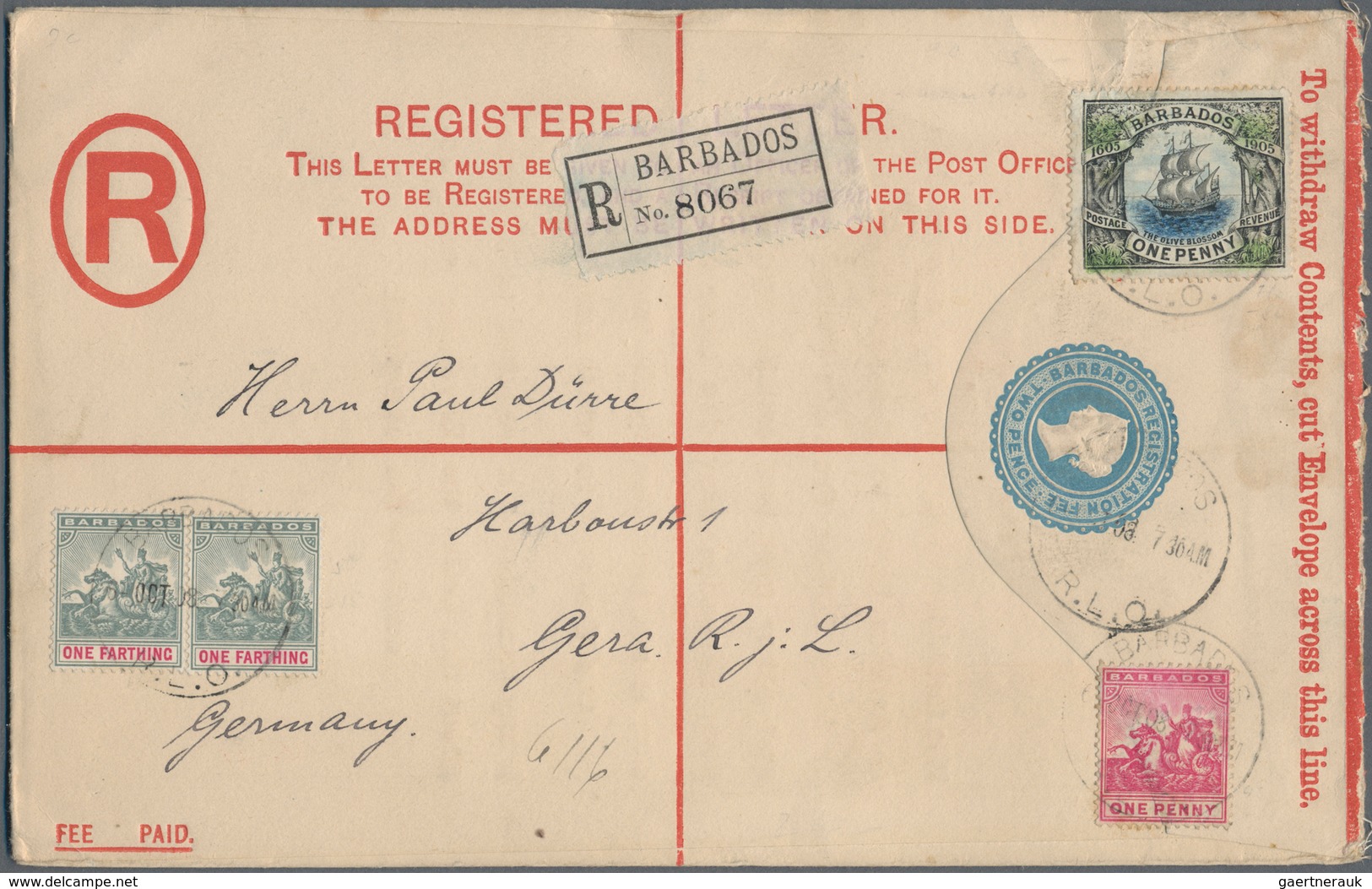 Barbados: 1908 (6.10.), Registered Letter QV 2d. Blue (scarce Large Size 200 X 127 Mm) With Imprint - Barbados (1966-...)