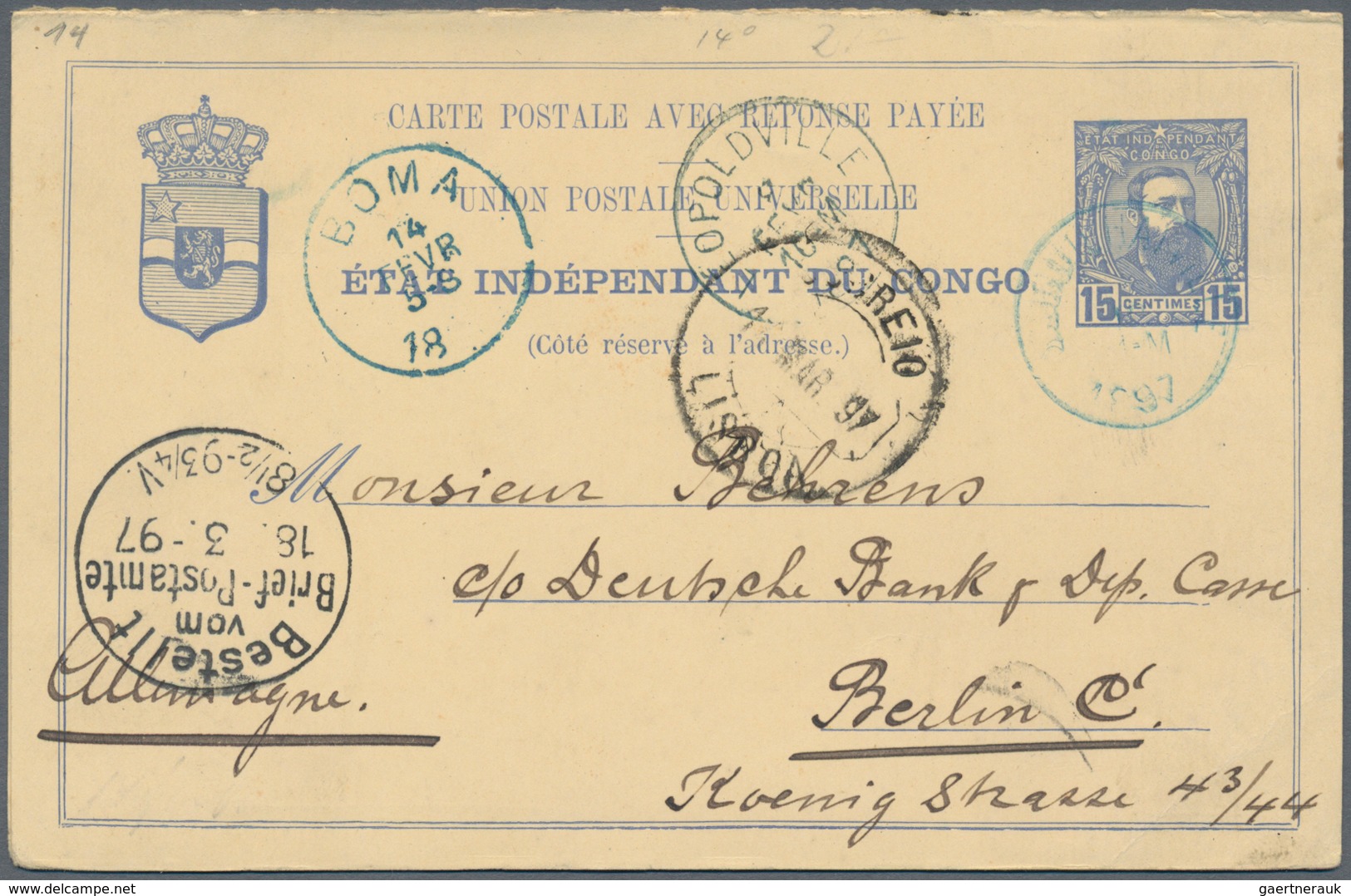Belgisch-Kongo: 1892 Postal Stationery Double Card 15+10c. Used From Bassok (dated Inside 5/1 97) To - Altri & Non Classificati