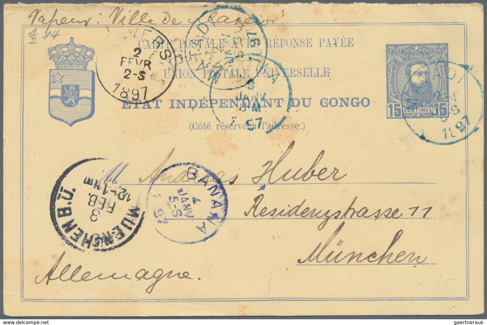 Belgisch-Kongo: 1892 Sender Part Of Postal Stationery 15+10c. Double Card Used From Matadi To German - Andere & Zonder Classificatie